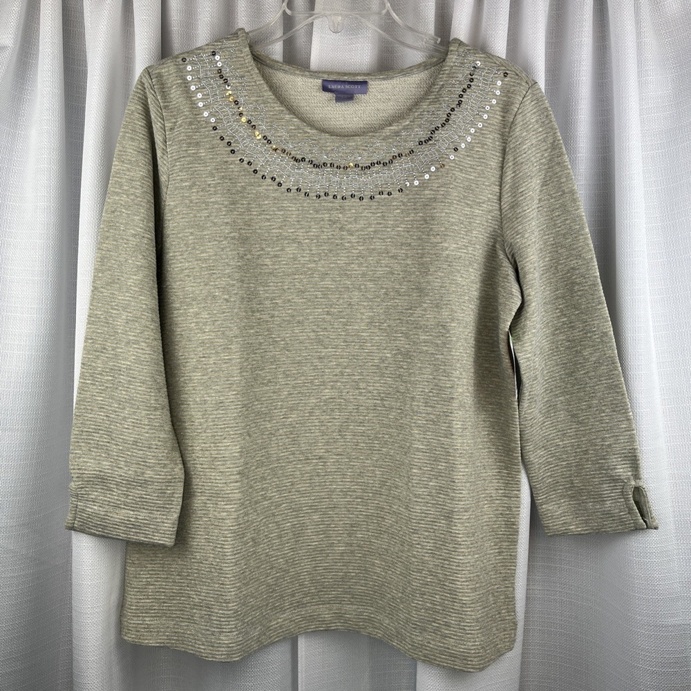NWT Laura Scott Women's 3/4 Sleeve Grey w Gold Sparkle Top Sweater Sequins Large